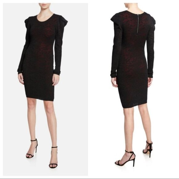Milly Dress Pointelle Black Lace Drape Long Sleeve Cocktail Party Large NEW